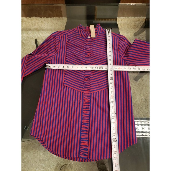 J. Crew Red & Blue Striped Long Sleeve Ruffle Trim Tuxedo Top Blouse XS - Picture 6 of 16